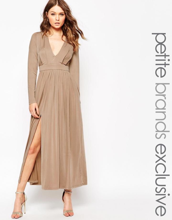 Lipstick Boutique Petite 70's Plunge Neck Maxi Dress With Double Splits - Nude