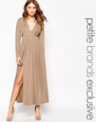Lipstick Boutique Petite 70's Plunge Neck Maxi Dress With Double Splits - Nude