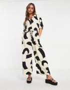 Monki Oversized Wide Leg Jumpsuit With Tie Waist In Abstract Print-neutral