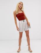 Asos Design Linen Shorts In Stripe With Buckle - Multi