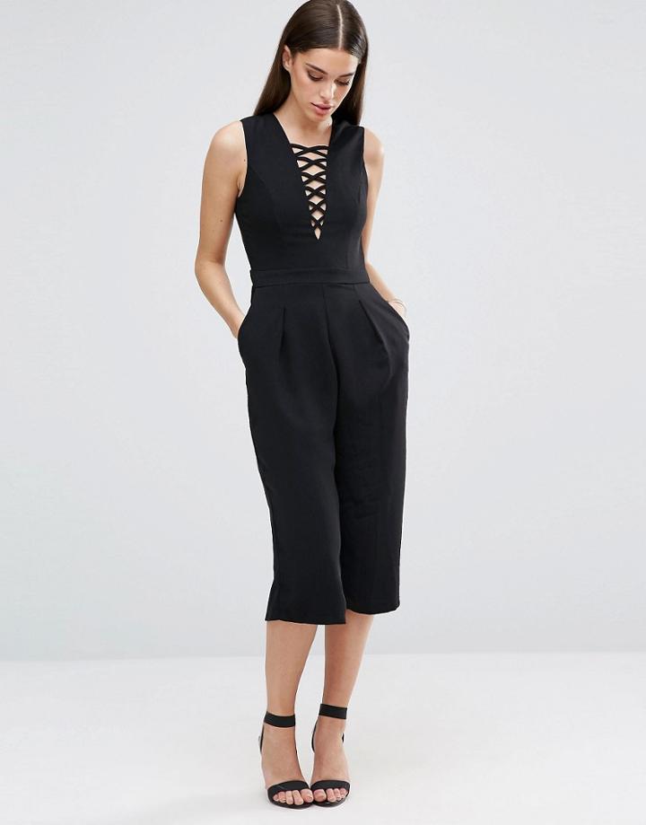 Ax Paris Lace Up Front Culotte Jumpsuit - Black