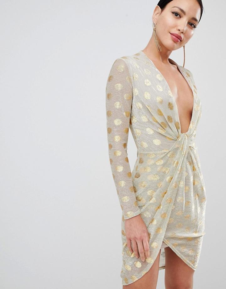Flounce London Metallic Spot Plunge Front Midi Dress - Gold