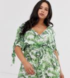 Influence Plus Wrap Front Romper In Tropical Print - Green