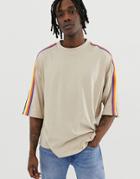 Asos Design Organic Cotton Oversized T-shirt With Half Sleeve And Contrast Shoulder Taping In Beige - Beige