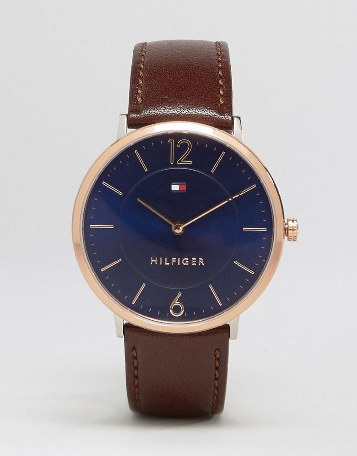 Tommy Hilfiger Ultra Slim Brown Leather Watch With Gold Dial - Brown