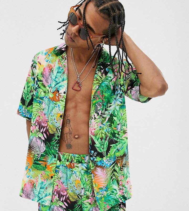 Disney The Lion King X Asos Design Revere Shirt Two-piece In Jungle Print - Black