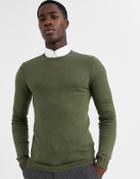 Asos Design Muscle Fit Merino Wool Sweater In Khaki