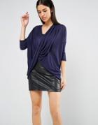 Ax Paris Knitted Long Sleeve Wrap Top - Navy