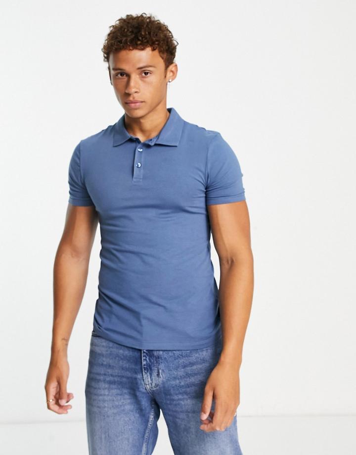 River Island Basic Muscle Fit Polo In Blue