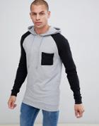 Asos Design Muscle Longline Hoodie With Contrast Raglan Sleeves And Chest Pocket - Gray