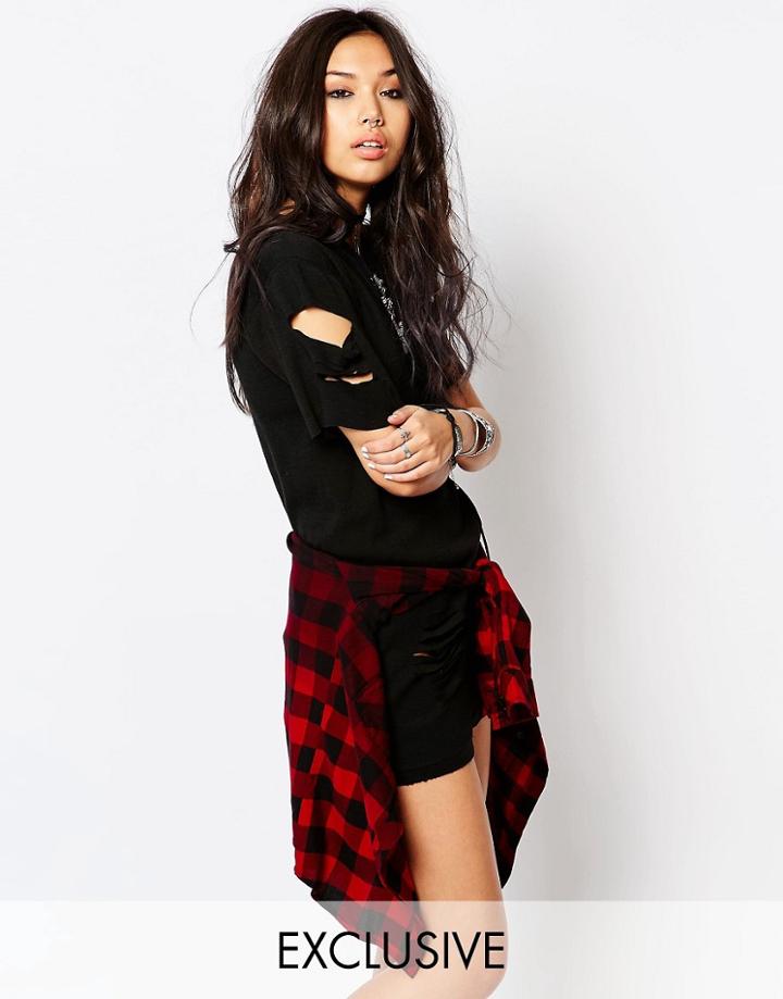 Milk It Vintage Longline Distressed T-shirt Dress - Black