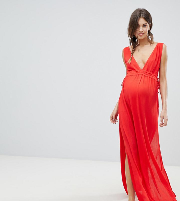 Asos Design Maternity Gathered Waist Crinkle High Low Hem Beach Dress - Red