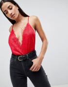 Asos Design Lace Top Body With Strappy Back Detail - Red