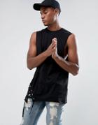Asos Sleeveless T-shirt With Dropped Armhole And Asymmetric Lace-up Detail - Black