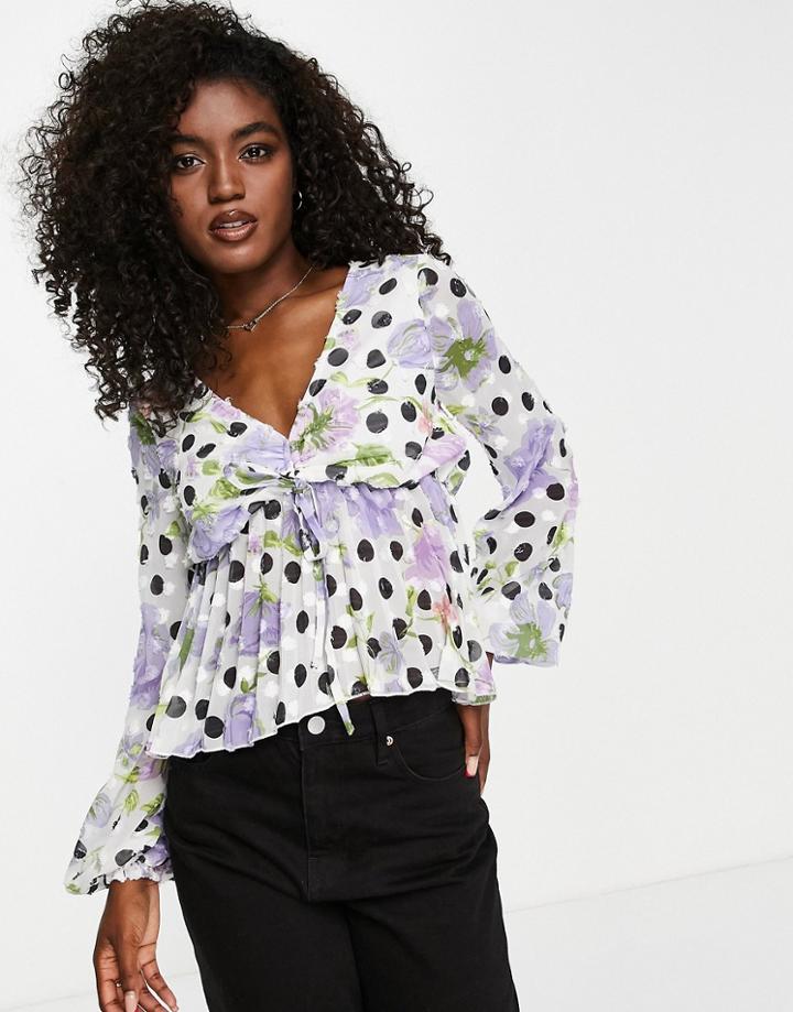 Asos Design Long Sleeve Ruched Front Blouse With Pleated Peplum Hem In Floral & Spot-multi