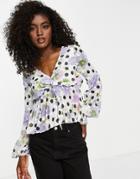 Asos Design Long Sleeve Ruched Front Blouse With Pleated Peplum Hem In Floral & Spot-multi