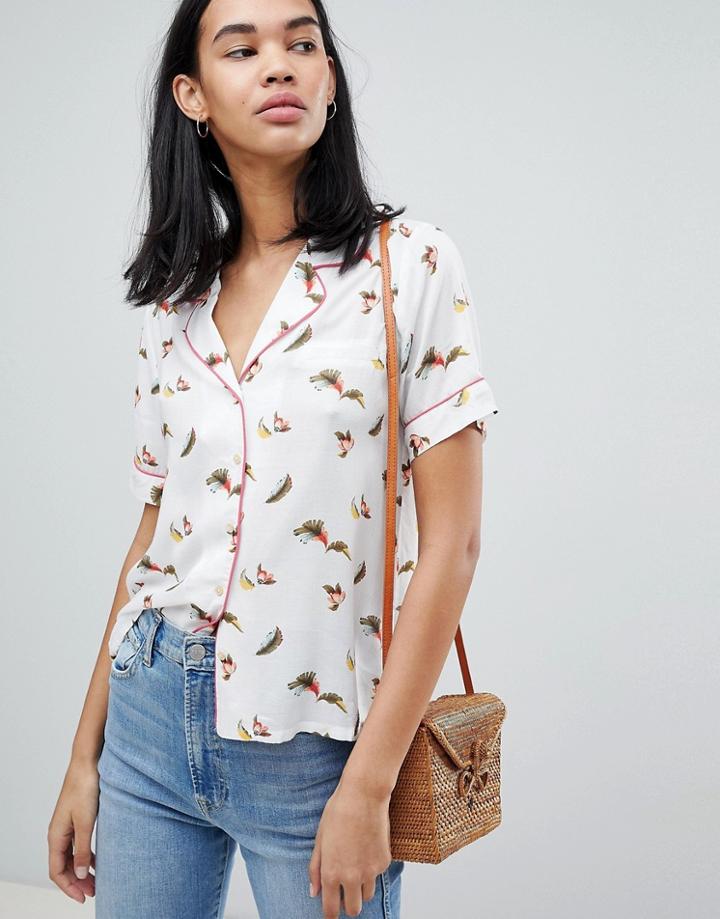 Pepe Jeans Suna Bird Print Rever Collar Shirt - White