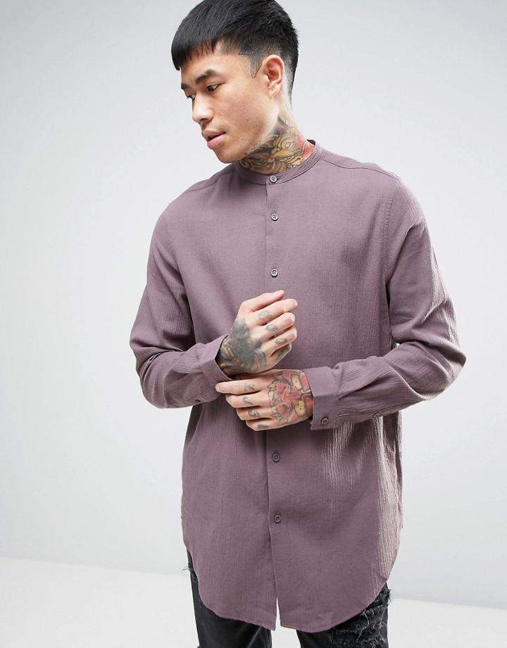 Asos Regular Fit Longline Shirt In Purple With Grandad Collar - Purple