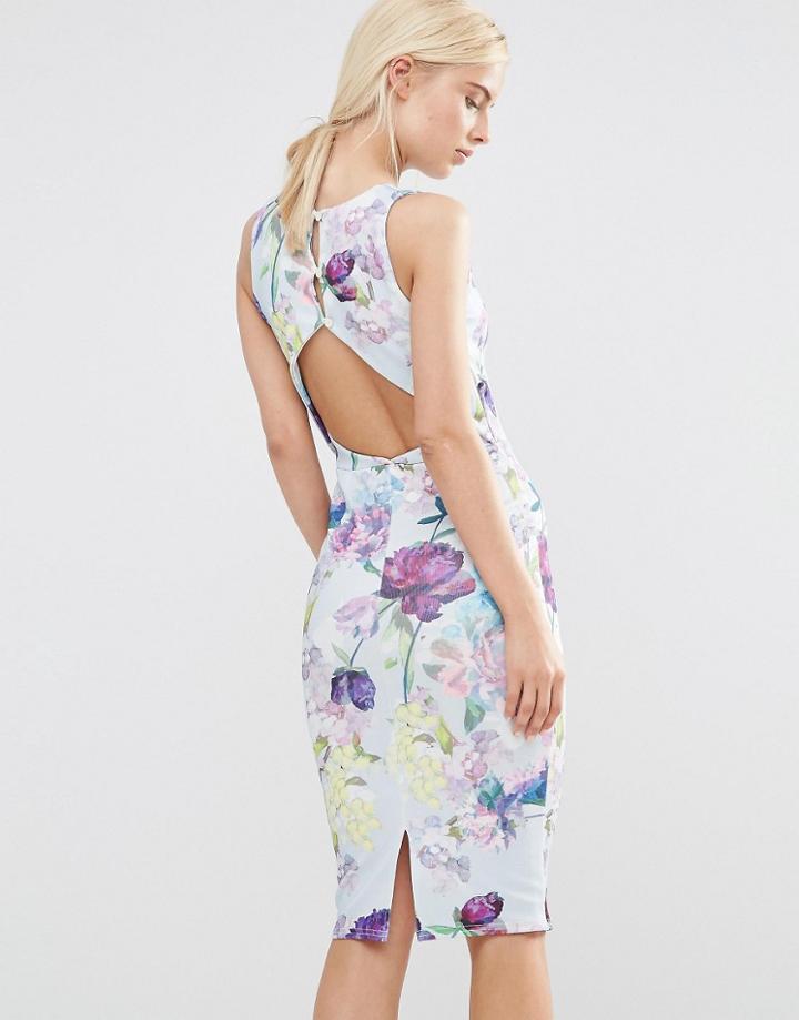 Hope And Ivy Pencil Dress With Open Back In Garden Floral Print - Blue