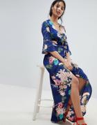 Parisian Floral Maxi Dress With Wrap Front - Blue