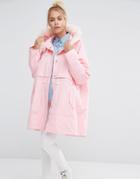 Lazy Oaf Oversized Parka Jacket With Faux Fur Hood And Waste Of Time Embroidery - Pink
