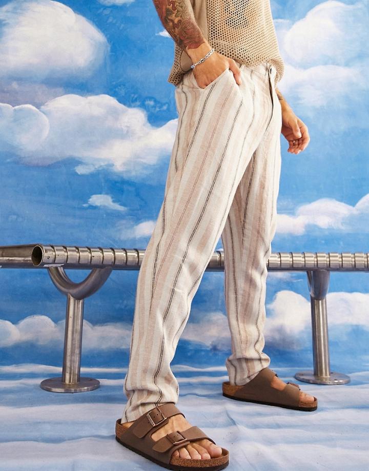 Asos Design Tapered Linen Mix Pants In Beige Stripe-neutral