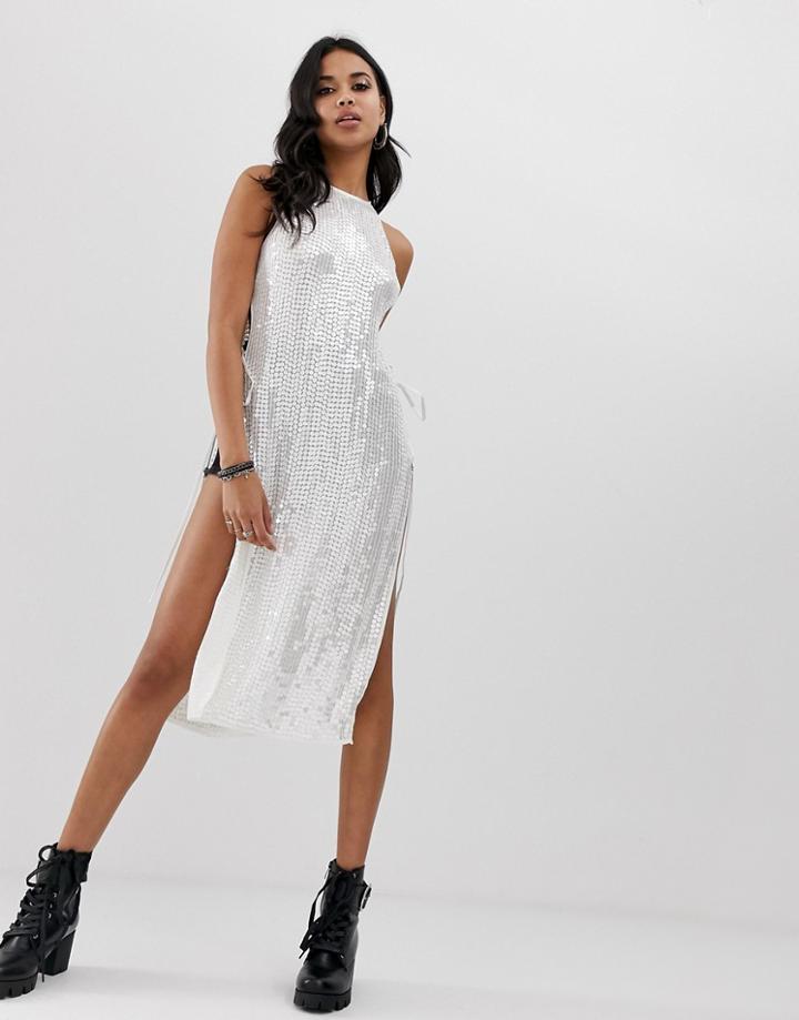 Asos Design Longline Sequin Top With Tie Sides - White