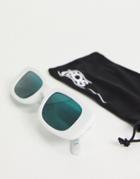 Asos Design Mid Rectangle Sunglasses In White With Ink Green Lens