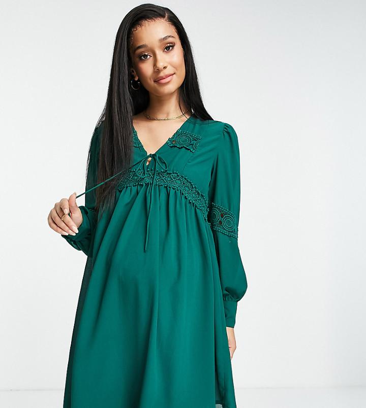 Asos Design Maternity Lace Insert Mini Smock Dress In Forest Green