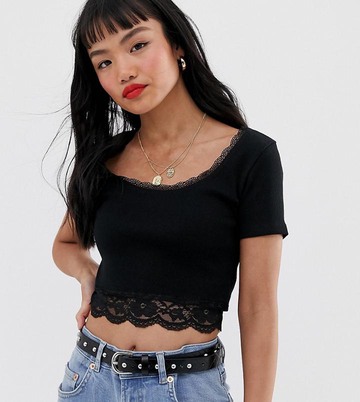 Asos Design Petite Fitted Rib Top With Lace Trim-black