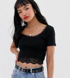 Asos Design Petite Fitted Rib Top With Lace Trim-black