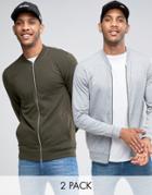 Asos Lightweight Muscle Jersey Bomber Jacket 2 Pack In Khaki/gray Marl - Multi