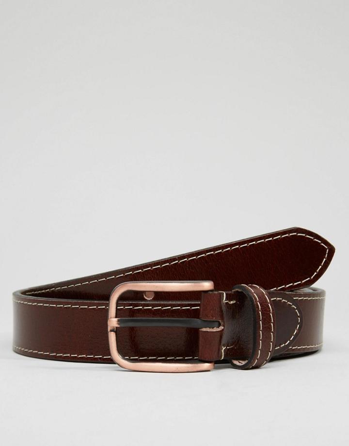 Asos Leather Belt With Stitch Detail - Brown