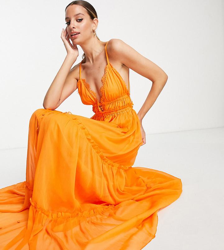 Asos Design Tall Button Up Tiered Maxi Dress With Lace Trim Detail In Orange-purple