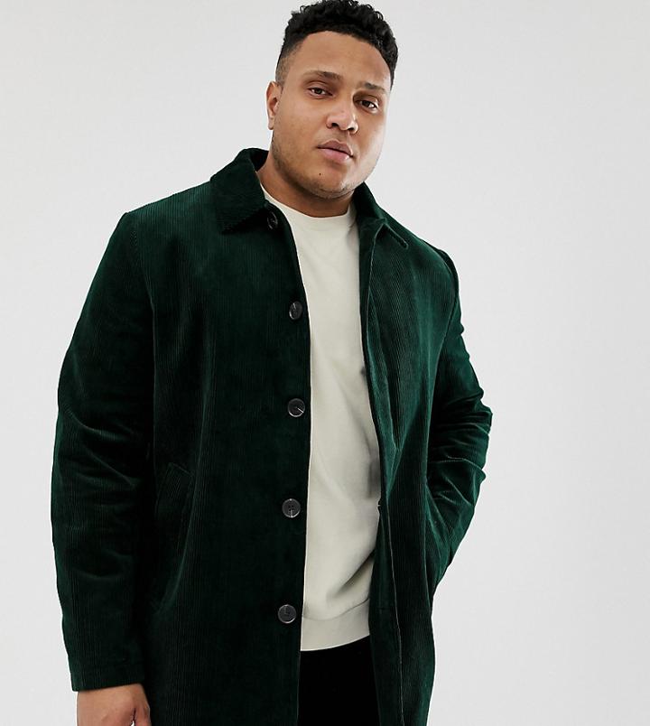 Asos Design Plus Single Breasted Trench Coat In Cord In Bottle Green