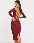 Asos Design Long Sleeve Strappy Rib Body-conscious Midi Dress In Wine-multi