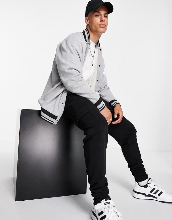 Asos Design Oversized Jersey Bomber Jacket With Tipping In Gray Heather-grey