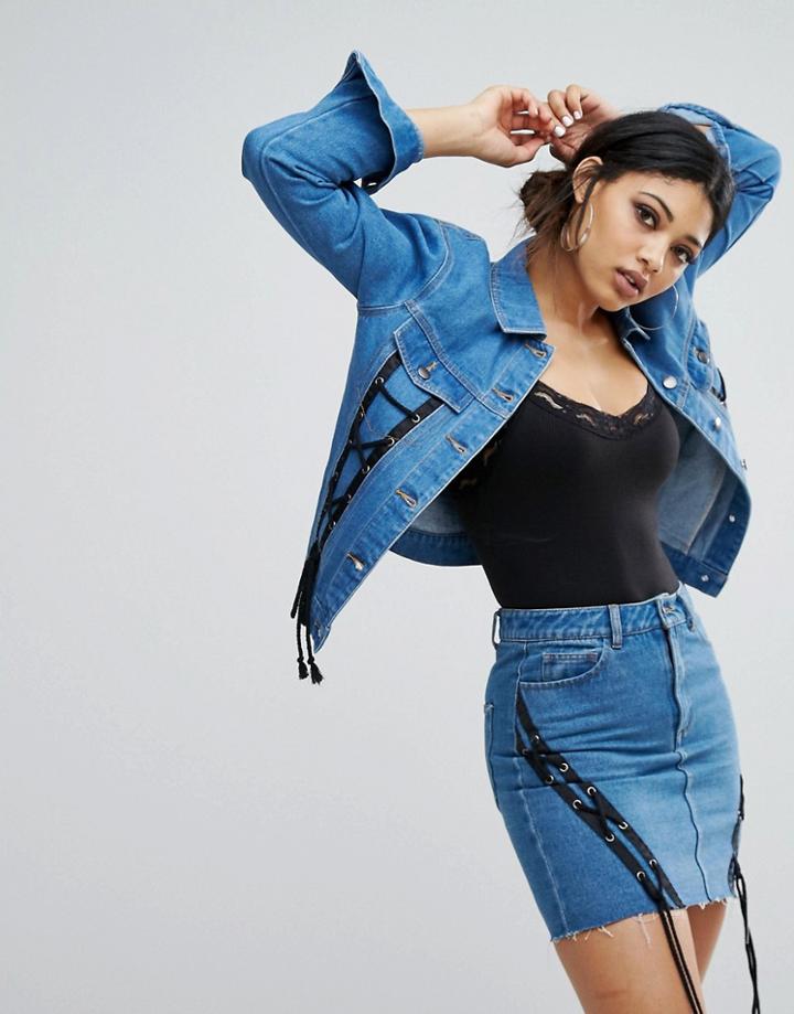 Daisy Street Denim Trucker Jacket With Lace Up Trim - Blue