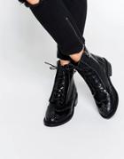 Lost Ink August Pin Stud Brogue Lace Up Flat Ankle Boots - Black
