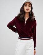 Asos Design Velour Sweat With Collar And Contrast Tipping - Red