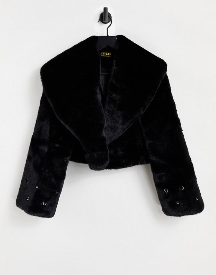 Jayley Short 90's Faux Fur Jacket In Black