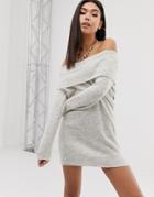 Asos Design Off Shoulder Dress In Fluffy Yarn-beige
