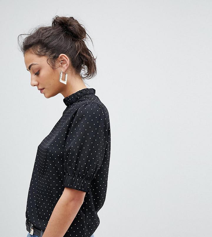 Fashion Union Tall High Neck Blouse In All Over Polka Dot - Black