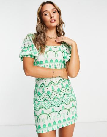 Never Fully Dressed Puff Sleeve Broderie Mini Dress In Green