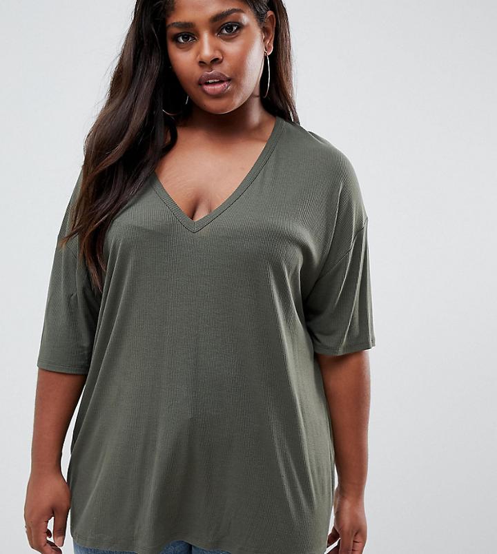 Asos Design Curve Oversized V-neck T-shirt In Lightweight Rib In Khaki - Green