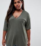 Asos Design Curve Oversized V-neck T-shirt In Lightweight Rib In Khaki - Green