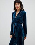Pieces Velvet Blazer With Contrast Tipping - Blue