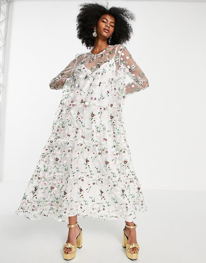 Sister Jane Long Sleeve Maxi Dress In Floral Embroidery-white