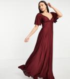 Asos Design Tall Pleated Twist Back Cap Sleeve Maxi Dress In Oxblood-red