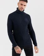 River Island Ribbed Roll Neck Sweater In Navy - Navy